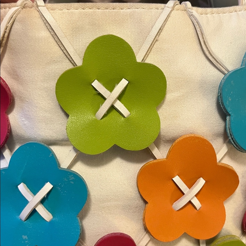 Nine West Florsl Embellished Colorful Canvas Faux Leather Tote Purse Bag - Picture 12 of 15